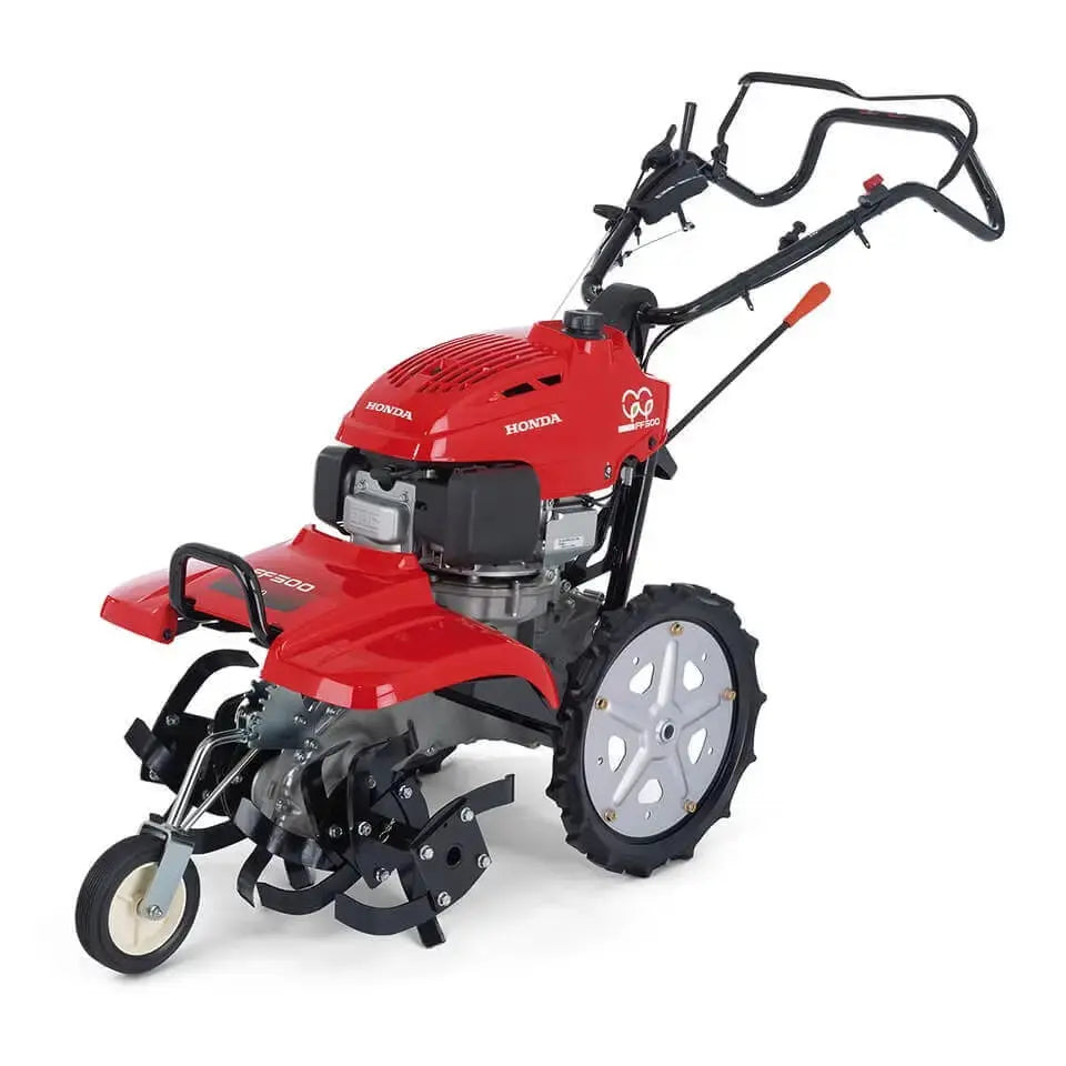 Motoculteur HONDA FF 500 : moteur thermique Honda GCV 160, 4.6 cv, fraises contre-rotatives, largeur de travail réglable 36/55 cm, transmission 3 vitesses avant/1 arrière, roue de transport, confort et puissance.