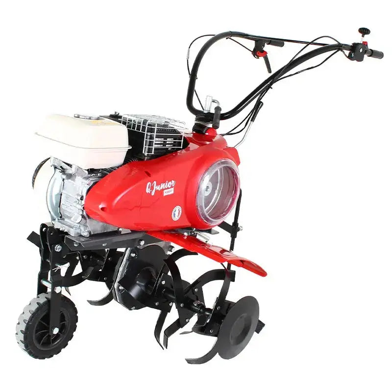 Motoculteur PUBERT QUATRO JUNIOR 60H : moteur Honda GP 200, 200 cm³, largeur 90 cm, profondeur 32 cm, 6 fraises, roue de transport, châssis renforcé. Idéal jusqu’à 3500 m².