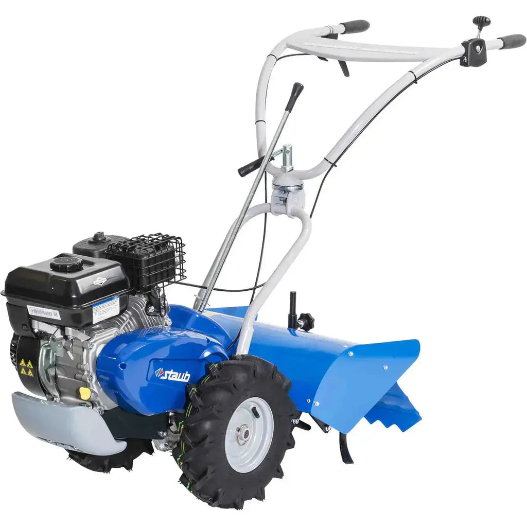 Motoculteur STAUB Rotobineuse 480 R : moteur Rato 4 temps 179 cm³, 4.8 Cv, boîte à pignons, sarclofraise, 1 vitesse avant et arrière. Pour un sol parfaitement travaillé.