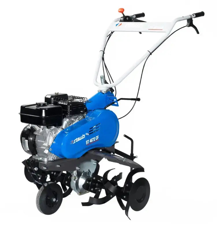 Motoculteur STAUB ST 4672 CF : moteur Robin 211 cm³, 6 fraises + disques protège-plantes, largeur 84 cm, 3 vitesses avant, guidon réglable, transmission aluminium, roues transport, accessoires optionnels.