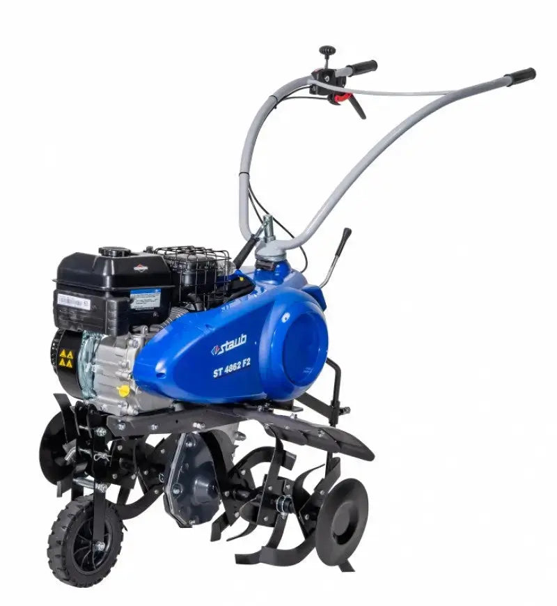 Motoculteur STAUB ST 4862 F2 : moteur Briggs & Stratton 208 cm³, 6 fraises, largeur de 60 à 90 cm, profondeur 30 cm, roues de transport, guidon ergonomique, kit labour en option.