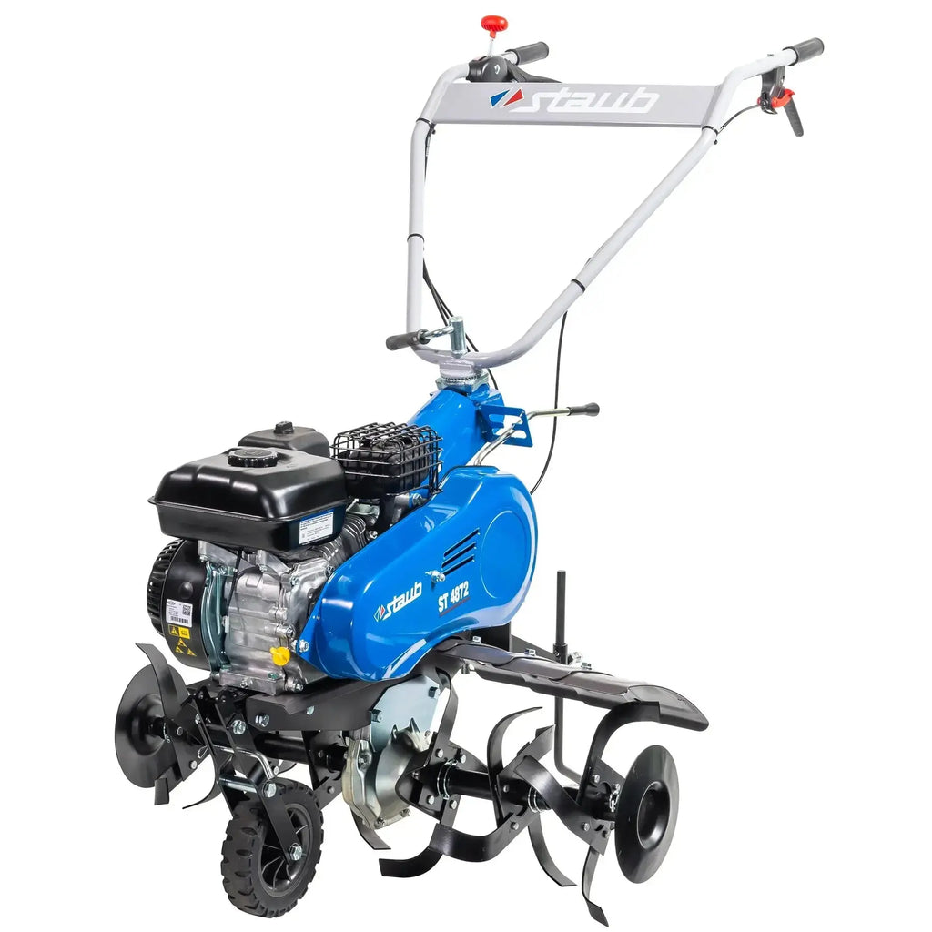 Motoculteur STAUB ST 4872 CF : moteur Briggs CR 950, 208 cm³, 6 fraises + disques protège-plantes, largeur 60 à 90 cm, 3 vitesses avant, roue escamotable, pic réglable, accessoires labour, herse.
