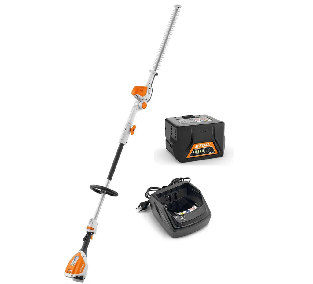 Taille haie perche STIHL HLA 56 Pack INITIAL 36 V, lamier 450 mm orientable 135°, léger (3,8 kg), livré avec batterie AK 20 et chargeur. Idéal pour haies hautes.