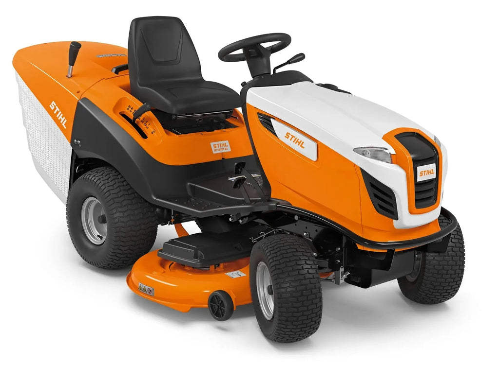 Tondeuse STIHL RT 6127 ZL autoportée thermique 125 cm, moteur bi-cylindres 764 cm³ EVC 8000, bac 350 L, transmission hydrostatique, pare-chocs, régulateur, mulching optionnel. Puissance et maniabilité.