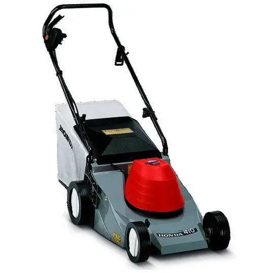 Tondeuse électrique Honda HRE 410 PLE, moteur 1,3 kW, coupe 41 cm, bac 65L, idéale jusqu'à 500 m². Réglage sur 5 hauteurs, démarrage facile, frein moteur, guidon pliable.