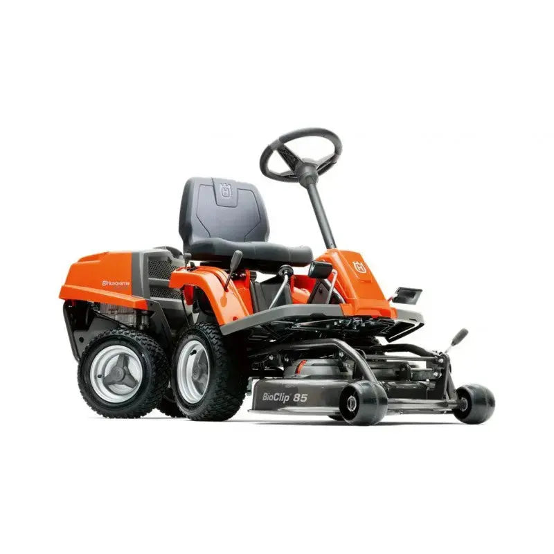 Tondeuse autoportée HUSQVARNA RC 112 C, moteur 413 cm³, coupe 85 cm, hydrostatique, mulching ou éjection arrière, sans bac, maniable et performante pour l'entretien du jardin.