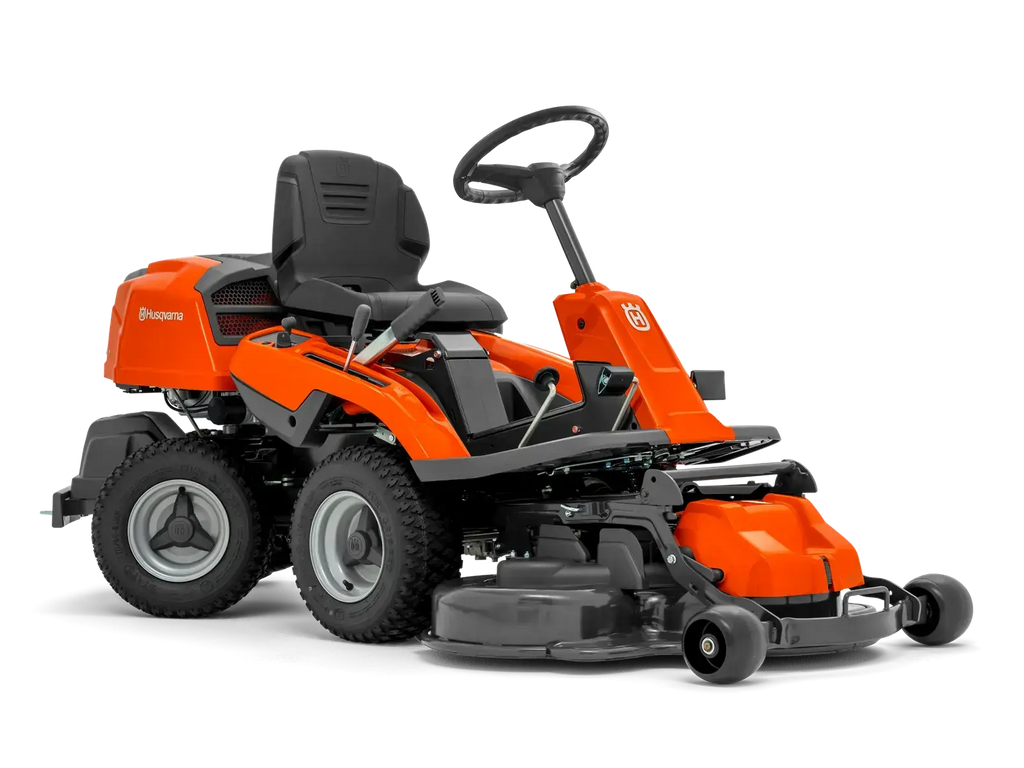 Tondeuse autoportée HUSQVARNA R 214 C avec carter 94 cm, moteur 413 cm³, transmission hydrostatique, mulching ou éjection arrière, rider compact et précis pour.