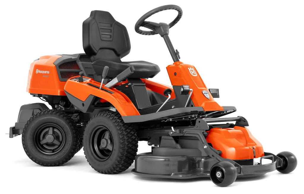 Tondeuse autoportée HUSQVARNA R 214 T, moteur bicylindre 586 cm³, 16,3 CV, transmission hydrostatique, carter 94/103 cm en option, mulching ou éjection arrière. Idéale grandes surfaces.