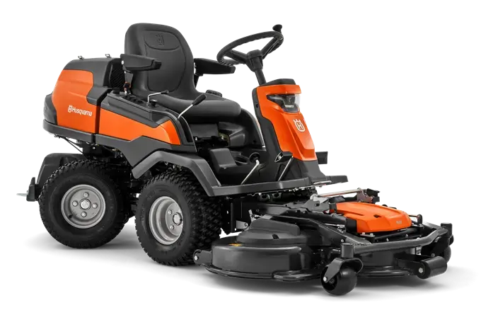 Tondeuse HUSQVARNA R 420 TsX 4x4, moteur Kawasaki 726 cm³, 4 roues motrices, direction assistée, largeur de coupe jusqu’à 122 cm, mulching, idéale grandes surfaces.