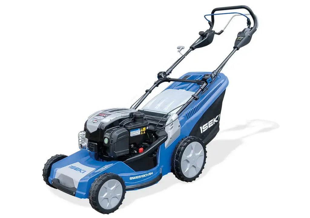 Tondeuse à gazon thermique SWE4180B3 3 en 1 avec bac 70 L, idéale jusqu'à 1200 m². Guidon repliable, éjection arrière, latérale et mulching. Garantie 2 ans.