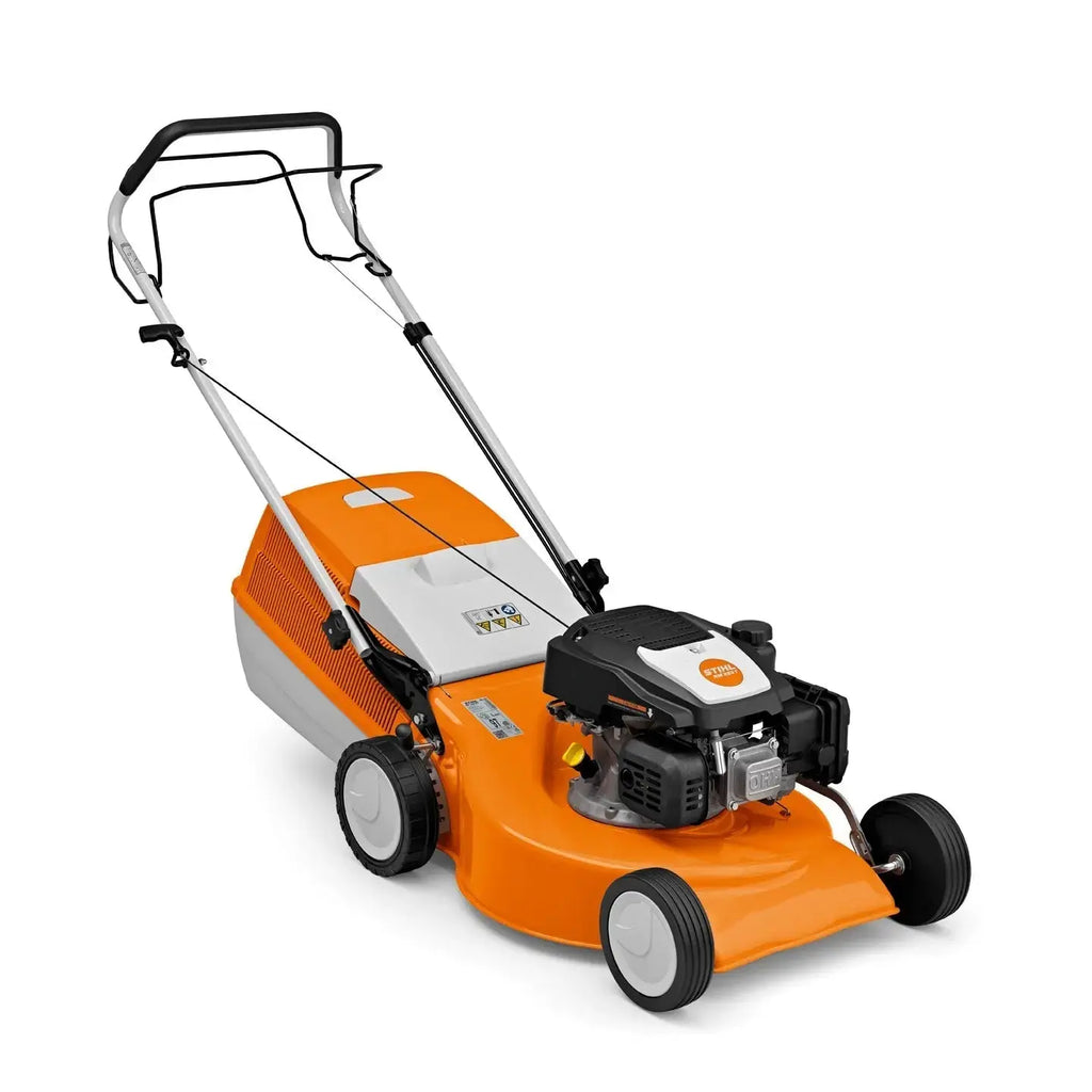 Tondeuse STIHL RM 253 T thermique tractée avec moteur EVC 200, coupe 51 cm, Easy Start, bac 55 L. Idéale pour grandes surfaces, puissante et confortable.