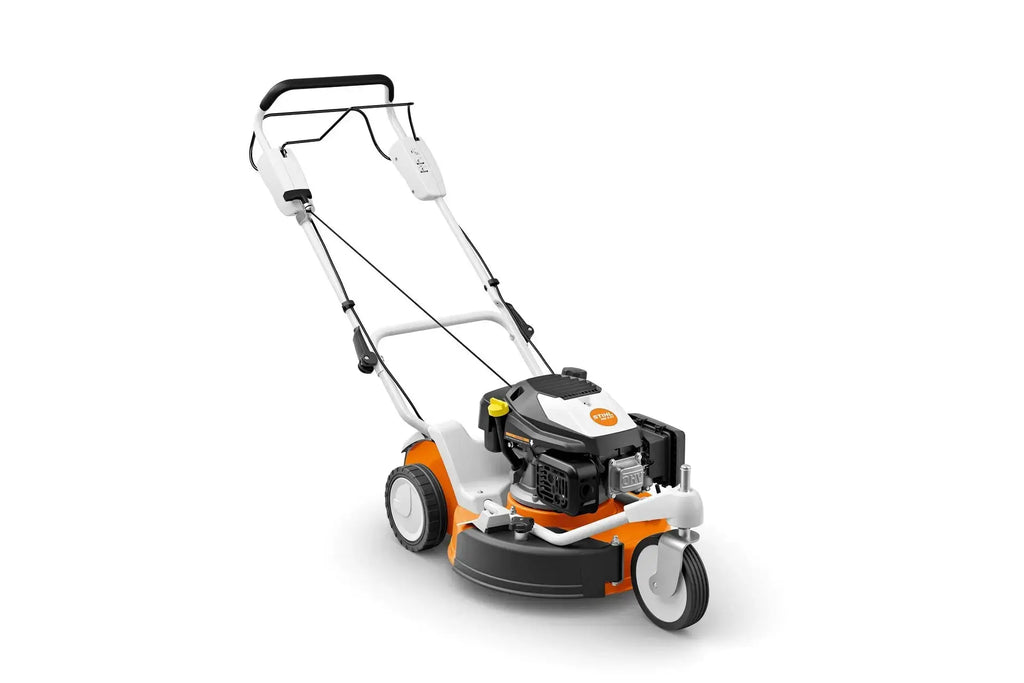 Tondeuse STIHL RM 3 RTX thermique mulching 48 cm avec moteur Briggs & Stratton 140 cm³, sans bac, éjection arrière ou latérale, transmission tractée 3,5 km/h, guidon repliable.