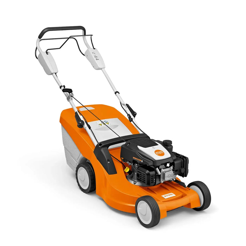 Tondeuse STIHL RM 448 VC thermique 46 cm avec variateur, moteur EVC 300.0, bac 55L. Idéale pour pelouses moyennes, confort, puissance et mulching en option.