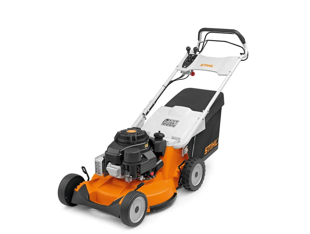Tondeuse STIHL RM 756 GS : coupe 54 cm, bac 80 L, éjection arrière, embrayage de lame, guidon repliable, mulching optionnel. Idéale pour tonte intensive pro.