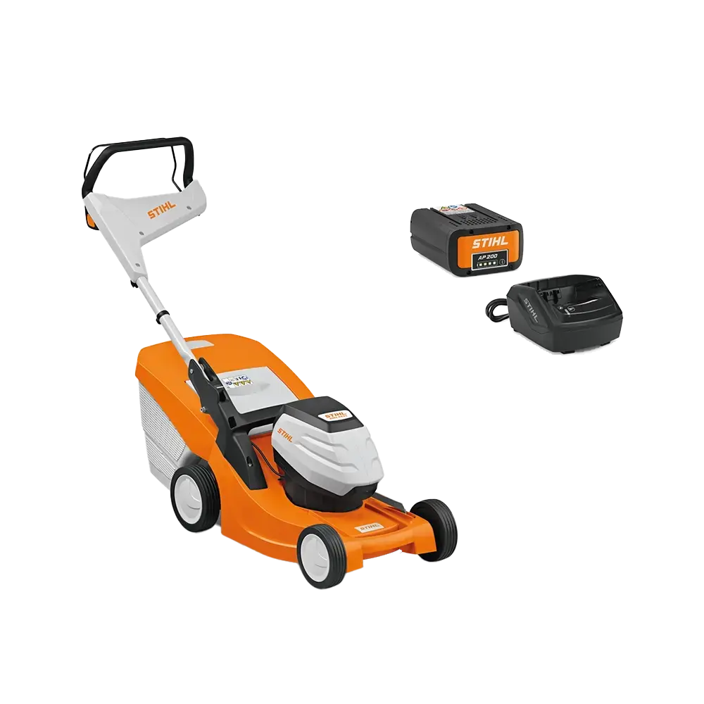 Tondeuse à batterie STIHL RMA 443 C Pack, largeur 43 cm, moteur EC silencieux, bac 55 L, guidon repliable, batterie AP 200 et chargeur AL 300 inclus, mulching optionnel.
