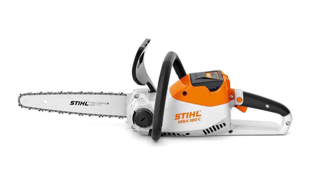 Tronçonneuse STIHL MSA 120 C-B : tronçonneuse à batterie 36V, légère et sécurisée. Parfaite pour les particuliers. Coupe 30 cm, moteur EC, frein QuickStop, 2,5 kg.