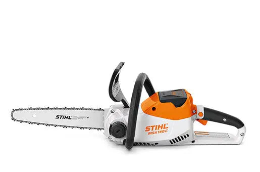 Tronçonneuse à batterie STIHL MSA 140 C-B nue. Légère, silencieuse, 36V, coupe 30 cm, idéale pour particuliers. Compatible avec batteries AK. Usage jardin et bois domestique.