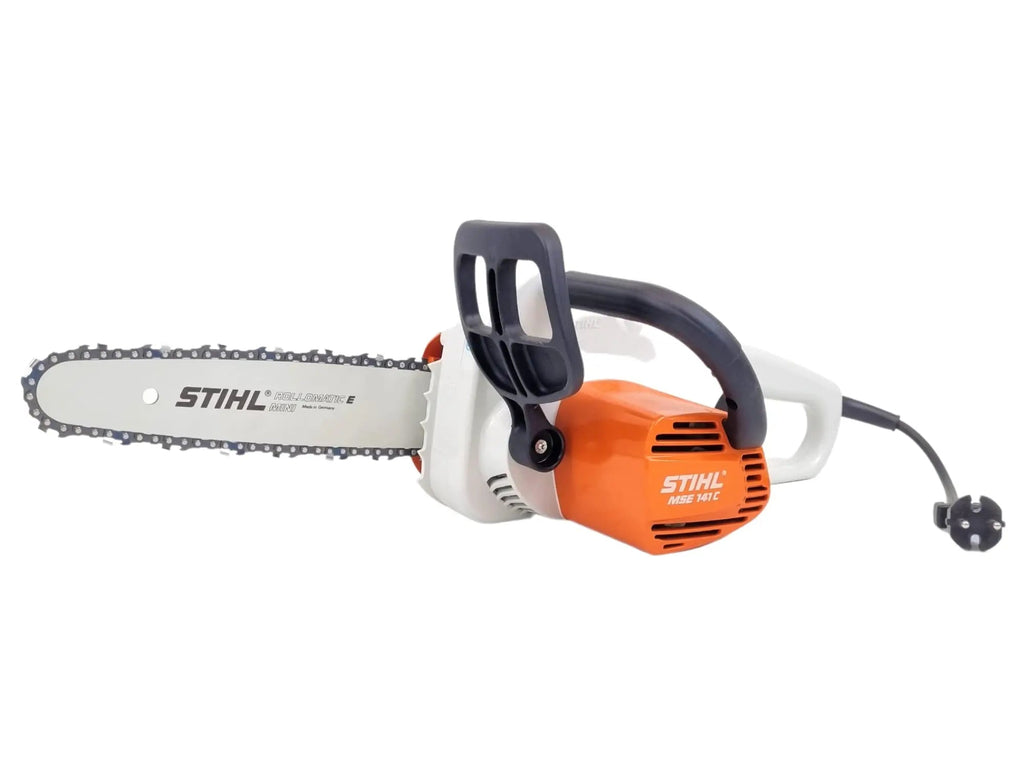 Tronçonneuse STIHL MSE 141 : tronçonneuse électrique 1400 W avec coupe 35 cm, légère et silencieuse. Idéale pour les particuliers. Usage facile, poids 4,1 kg, chaîne 3/8" P.