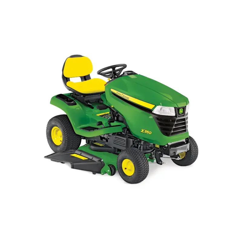 Tondeuse autoportée John Deere X350 107 cm avec moteur Kawasaki 726 cm³. Transmission hydrostatique, mulching, confort, pour grandes surfaces. Garantie 4 ans.